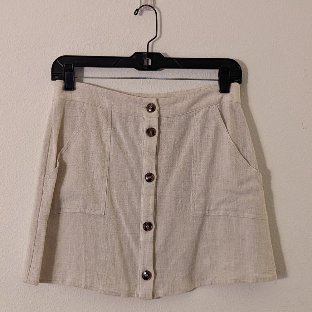 Francesca's Blue Rain Button Beige Mini Pencil Skirt with Pockets, Medium, NWOT
